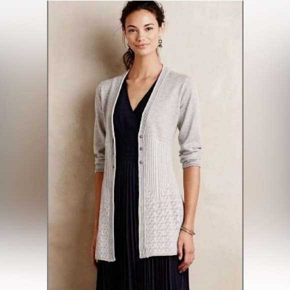 Anthro Rosie Neira Gray Wool Blend Crochet Knit Ribbed Cardi Cardigan Sweater - Picture 3 of 9